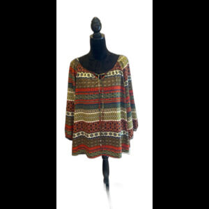 North Style Boho Peasant Blouse  Plus Size XL Rounded Neckline Flowy Long Top